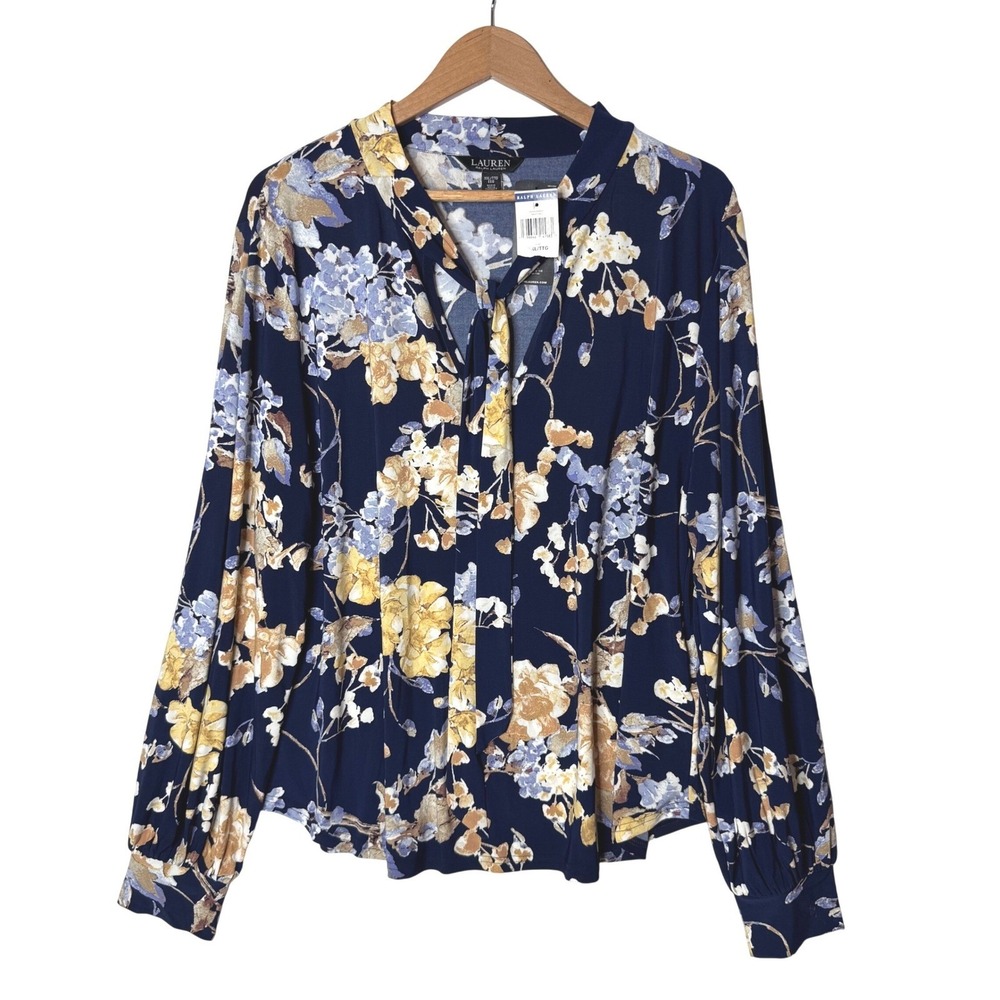 NEW Lauren Ralph Lauren Blouse Sz XXL Floral Tie Neck Navy Blue Preppy Career